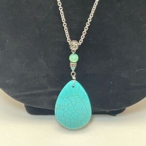 Long Southwestern Oval Faux Turquoise Silver Tone Necklace